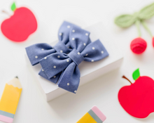 Load image into Gallery viewer, Isla pigtail bow set - Denim Blue polka dot