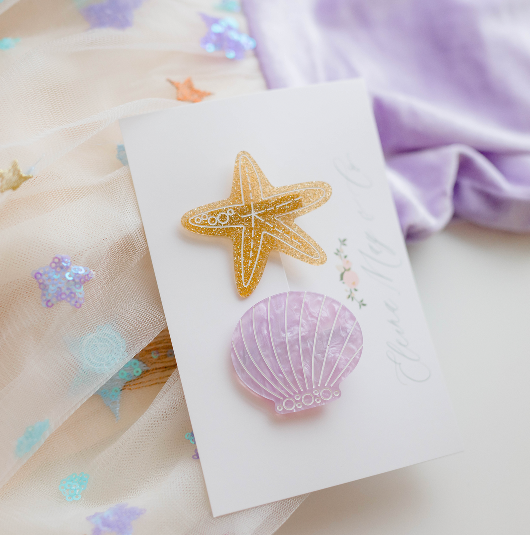 Starfish/Seashell Clip SET - Sparkly Gold, Purple