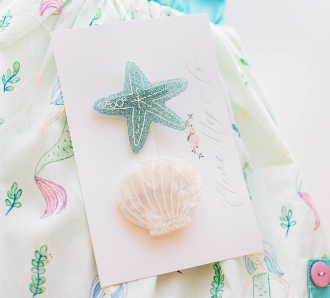Starfish & Seashell Clip SET - Sparkly Blue and White