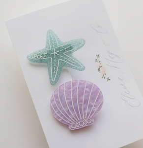 Starfish & Seashell Clip SET - Sparkly Blue and Purple