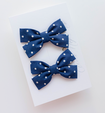 Load image into Gallery viewer, Isla pigtail bow set - Navy Blue polka dot
